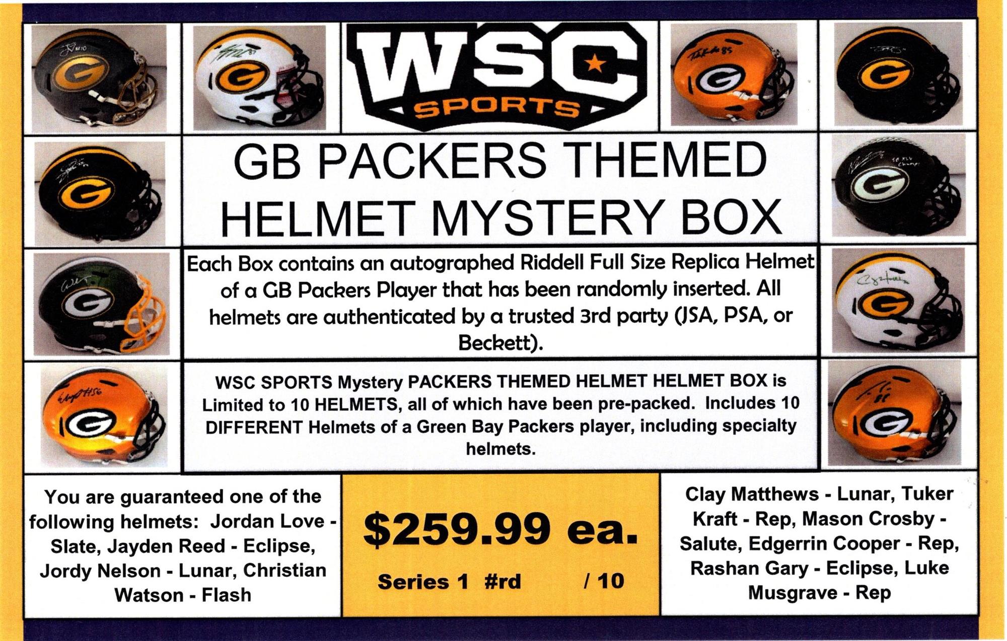 WSC SPORTS MYSTERY SIGNED REPLICA HELMET BOX - PACKERS EDITION - SERIES 1