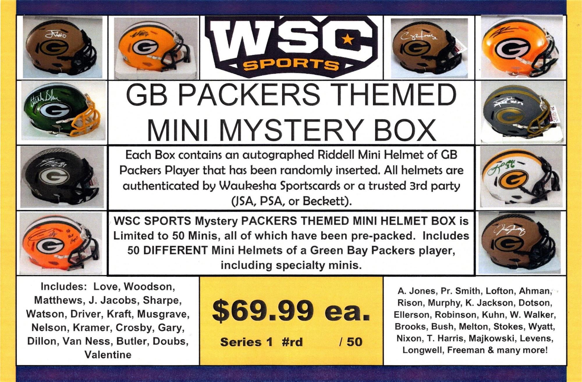 WSC SPORTS MYSTERY SIGNED MINI HELMET BOX - PACKERS EDITION - SERIES 1