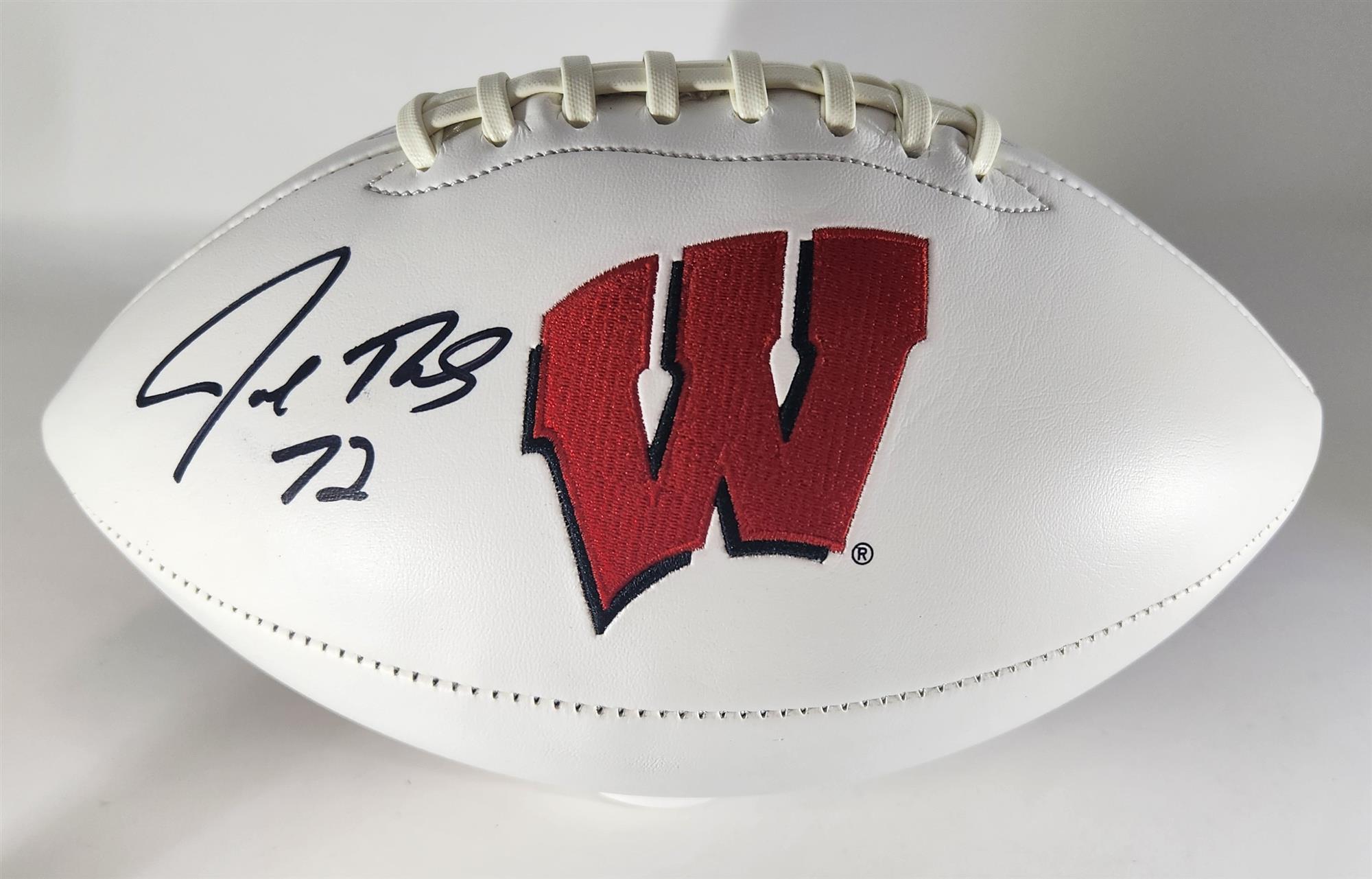 JOE THOMAS SIGNED RAWLINGS WISCONSIN BADGERS LOGO WHITE PANEL FOOTBALL - JSA