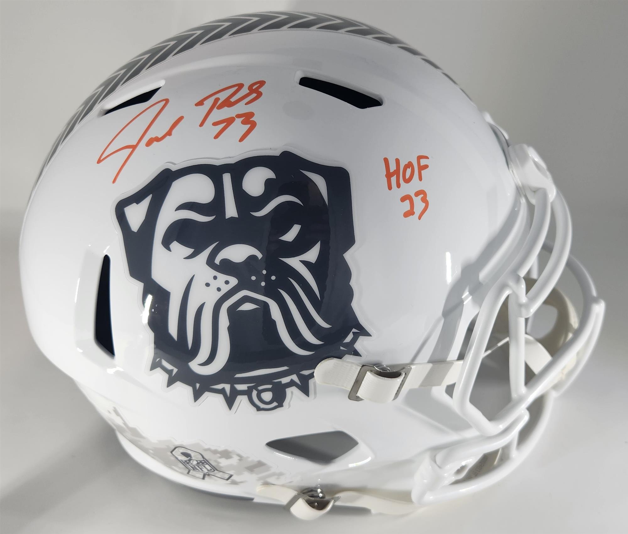 JOE THOMAS SIGNED FULL SIZE REPLICA 2024 SALUTE TO SERVICE SPEED BROWNS HELMET W/ HOF '23 - JSA