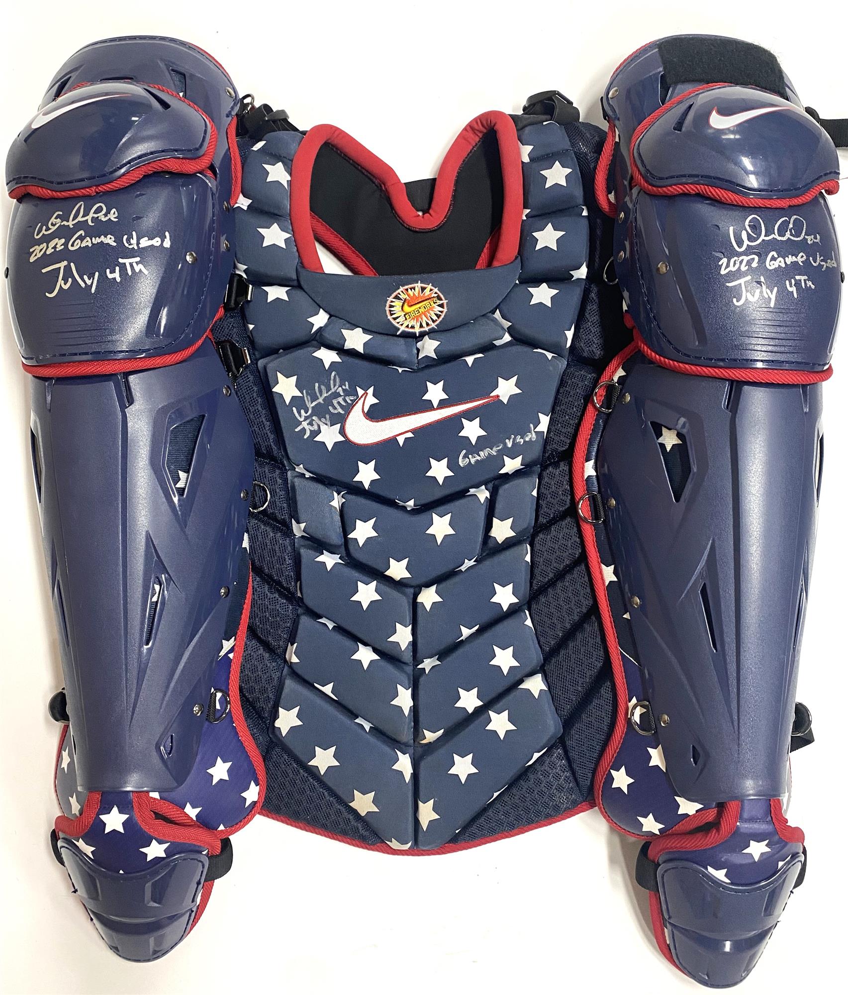WILLIAM CONTRERAS SIGNED BRAVES 2022 4TH OF JULY GAME USED CATCHERS GEAR - JSA