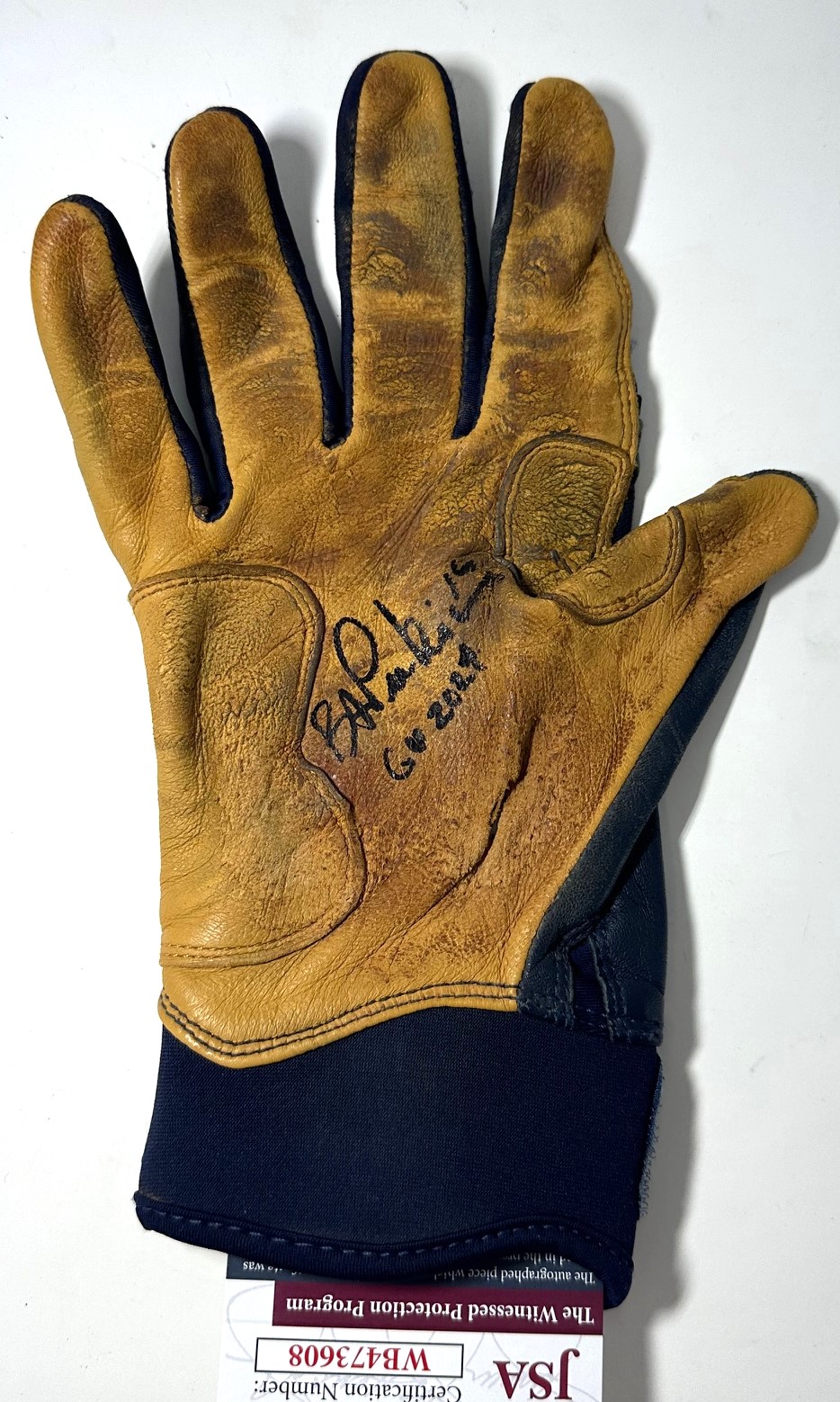 BLAKE PERKINS SIGNED BREWERS BRUCE BOLT GAME USED RIGHT BATTING GLOVE #2 - JSA