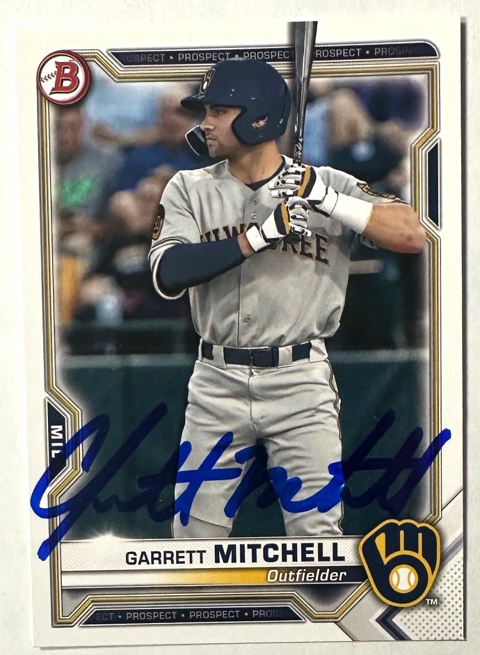 GARRETT MITCHELL SIGNED 2021 BOWMAN PROSPECT BREWERS ROOKIE CARD #BP-129