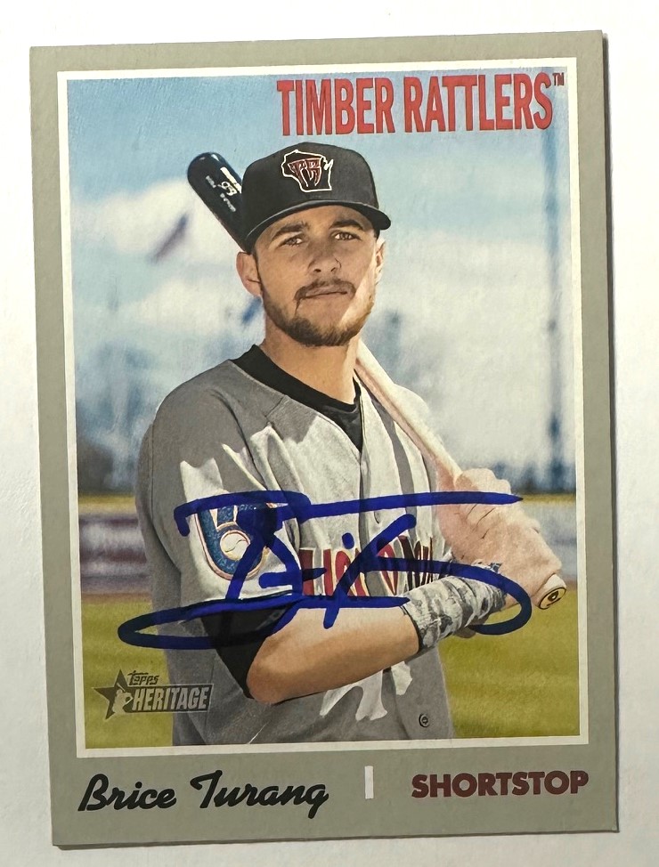 BRICE TURANG SIGNED 2019 TOPPS HERITAGE BREWERS ROOKIE CARD #143