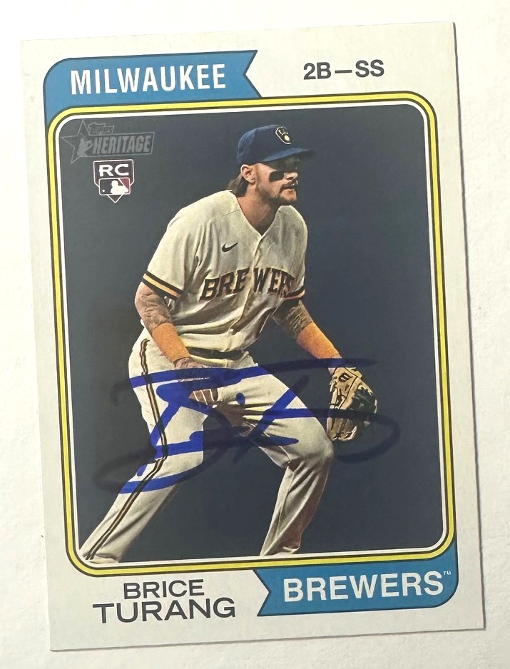 BRICE TURANG SIGNED 2023 TOPPS HERITAGE BREWERS ROOKIE CARD #614