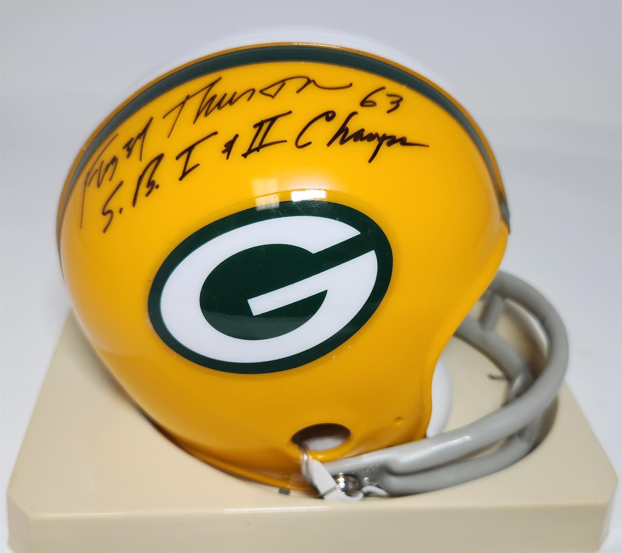 FUZZY THURSTON (d) SIGNED THROWBACK PACKERS MINI HELMET w/SB 1 & 2 Champs