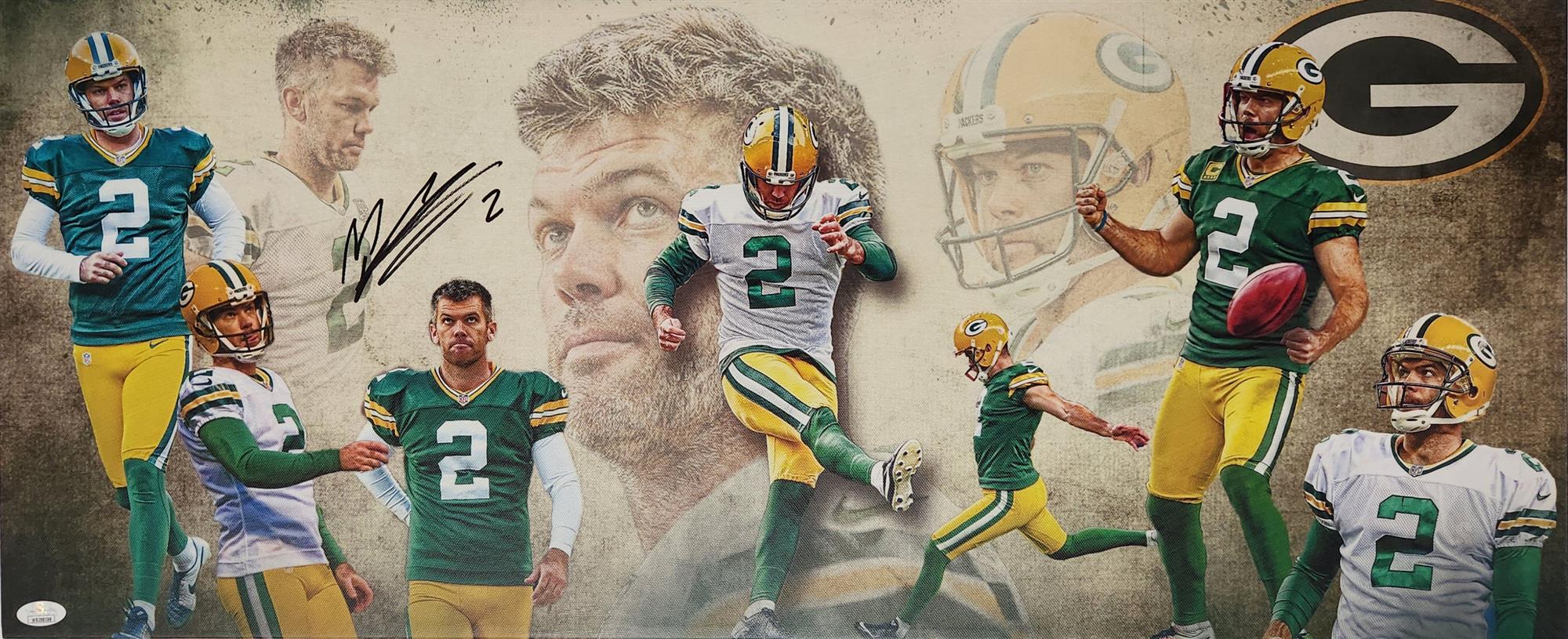 MASON CROSBY SIGNED SIGNED 13X31 STRETCHED CUSTOM PACKERS CANVAS COLLAGE - JSA