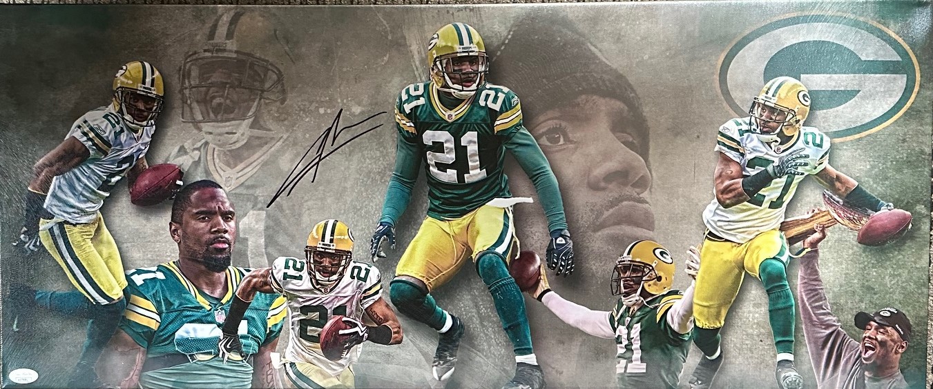 CHARLES WOODSON SIGNED 13X31 STRETCHED CUSTOM PACKERS CANVAS COLLAGE #1 - JSA