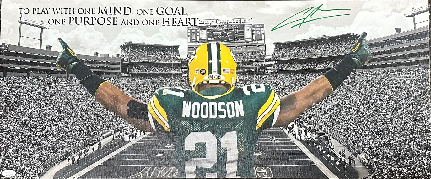 CHARLES WOODSON SIGNED 13X31 STRETCHED CUSTOM PACKERS CANVAS COLLAGE #2 - JSA