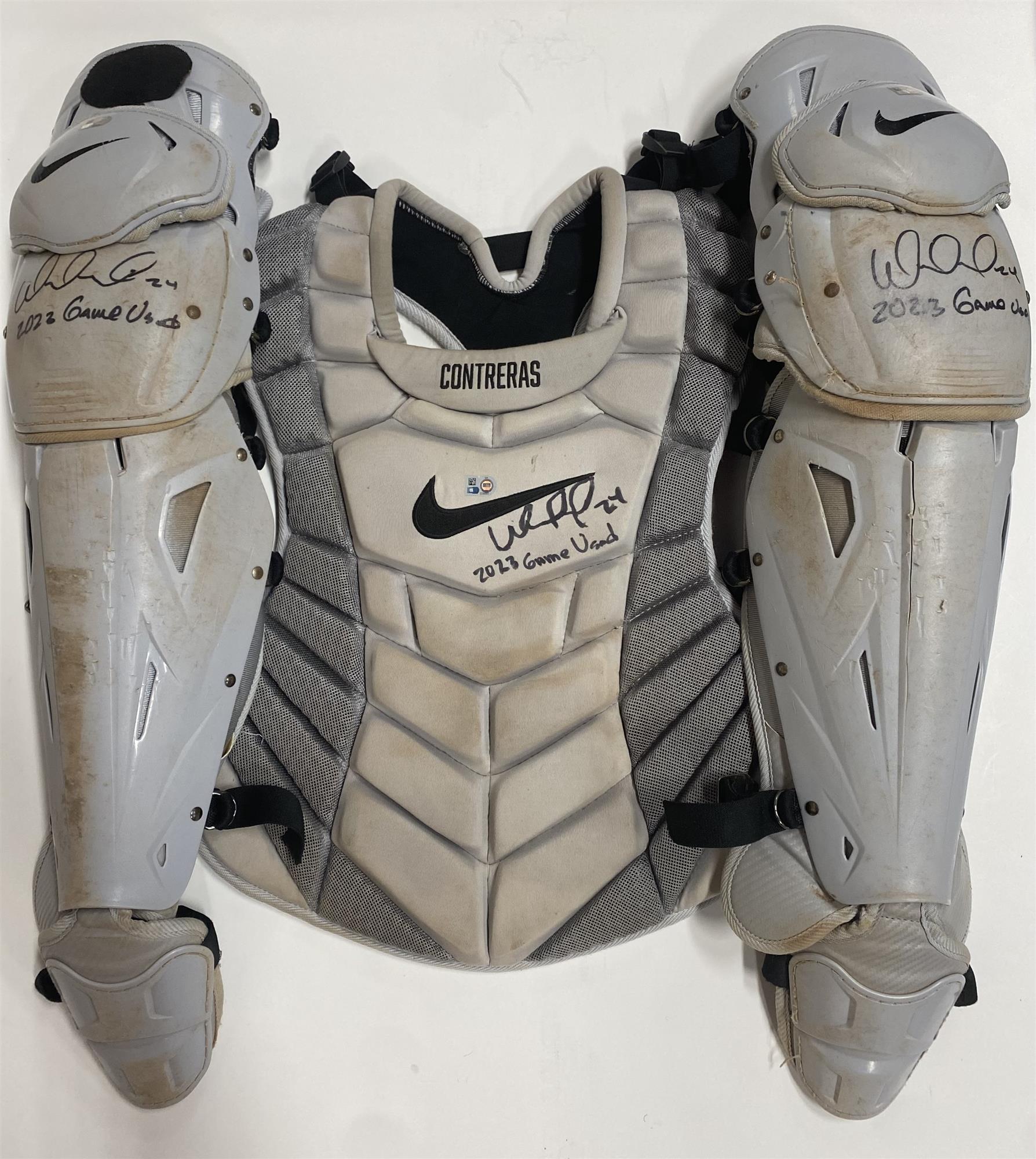 WILLIAM CONTRERAS SIGNED BREWERS 2023 GAME USED CATCHERS GEAR #3 - JSA