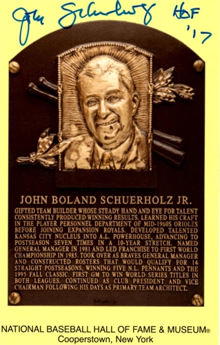 JOHN SCHUERHOLZ SIGNED HALL OF FAME PLAQUE POST CARD - BRAVES - ROYALS