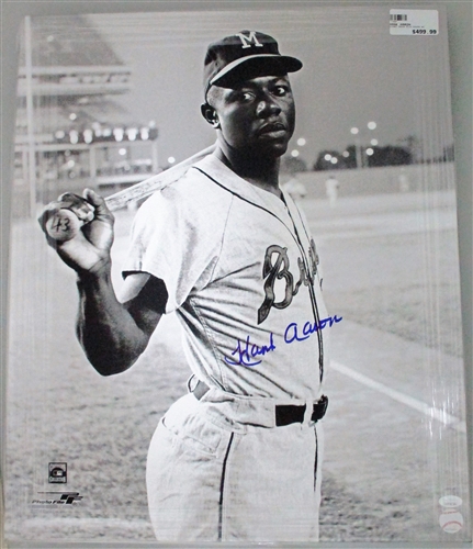 HANK AARON SIGNED 20X24 MILW BRAVES STRETCHED CANVAS #9 - JSA