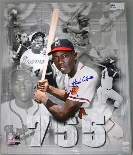 HANK AARON SIGNED 20X24 MILW BRAVES STRETCHED CANVAS #2 - JSA