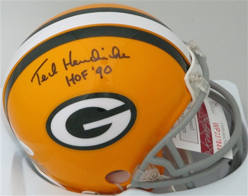 TED HENDRICKS SIGNED THROWBACK PACKERS MINI HELMET W/ HOF - JSA