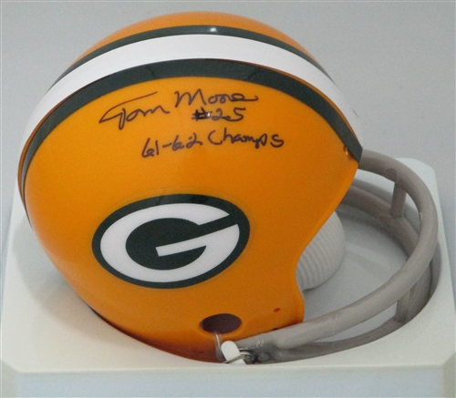 TOM MOORE SIGNED PACKERS 2 BAR MINI HELMET W/ 61 62 CHAMPS