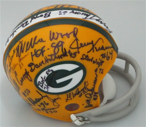 1966- 67 MULTI SIGNED 2 BAR PACKERS MINI HELMET  - 26 AUTOS