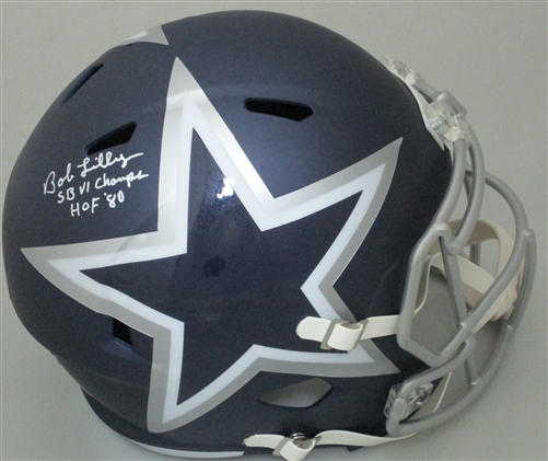 BOB LILLY SIGNED FULL SIZE COWBOYS REPLICA SPEED AMP HELMET W/ 2 SCRIPTS