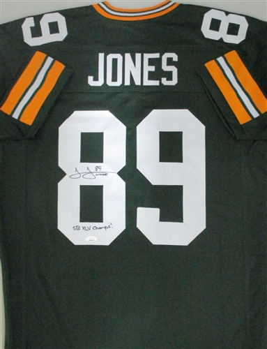 JAMES JONES SIGNED CUSTOM REPLICA PACKERS GREEN JERSEY W/ XLV CHAMPS - JSA