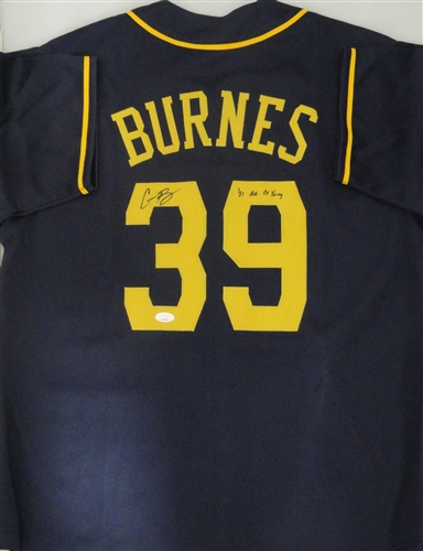 CORBIN BURNES SIGNED CUSTOM REPLICA BREWERS BLUE JERSEY W/ CY YOUNG - JSA