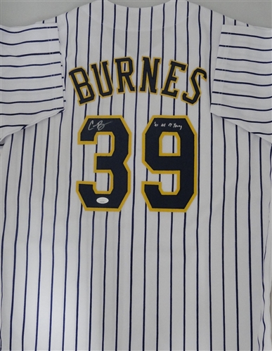 CORBIN BURNES SIGNED CUSTOM REPLICA BREWERS PINSTRIPE JERSEY W/ CY YOUNG - JSA