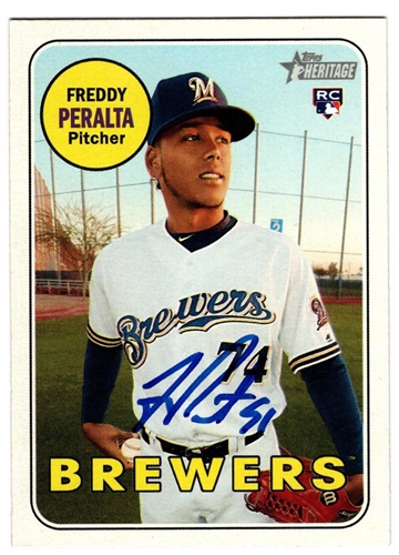 FREDDY PERALTA SIGNED 2018 TOPPS HERITAGE BREWERS ROOKIE CARD #541