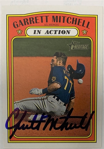 GARRETT MITCHELL SIGNED 2021 TOPPS HERITAGE IN ACTION BREWERS ROOKIE CARD #185