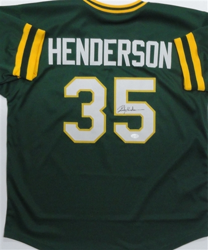 RICKEY HENDERSON SIGNED CUSTOM REPLICA ATHLETICS GREEN JERSEY - JSA