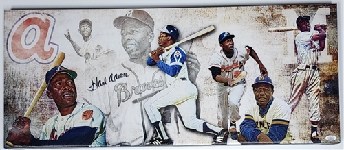 HANK AARON SIGNED 13X31 STRETCHED CUSTOM BRAVES CANVAS COLLAGE - JSA
