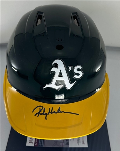 RICKEY HENDERSON SIGNED RAWLINGS FULL SIZE ATHLETICS HELMET - JSA