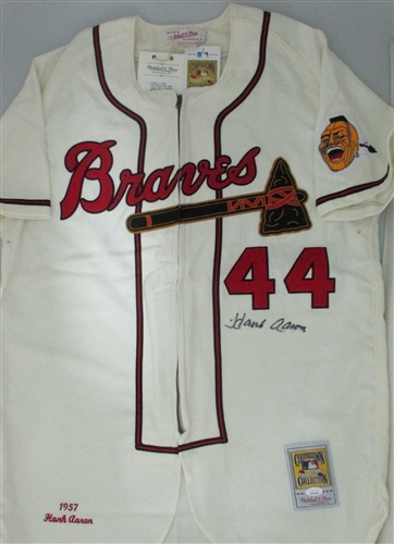 HENRY HANK AARON SIGNED 1957 MITCHELL & NESS MILWAUKEE BRAVES JERSEY