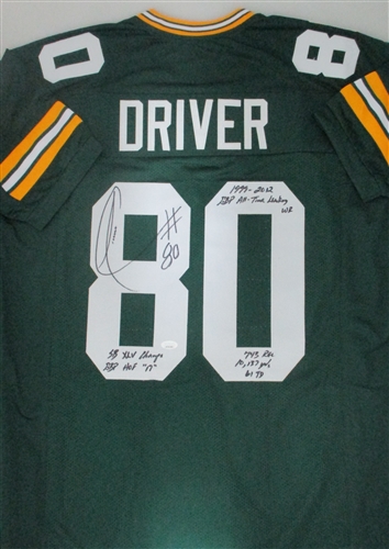 DONALD DRIVER SIGNED CUSTOM PACKERS JERSEY W/ CAREER STATS - JSA