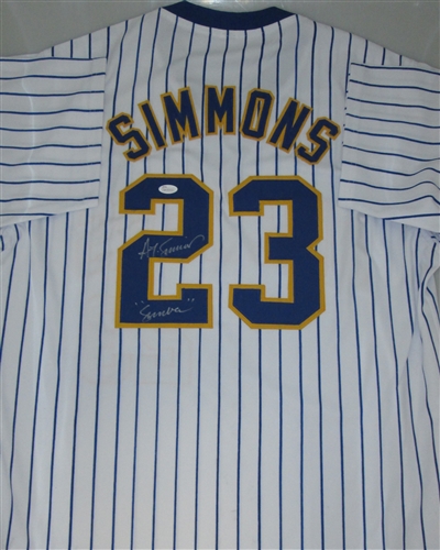 TED SIMMONS SIGNED CUSTOM BREWERS PINSTRIPE JERSEY W/ SIMBA - JSA