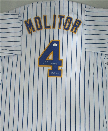 PAUL MOLITOR SIGNED CUSTOM REPLICA BREWERS PINSTRIPE JERSEY W/ HOF - JSA