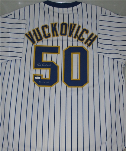 PETE VUCKOVICH SIGNED CUSTOM BREWERS PINSTRIPE JERSEY W/ AL CY '82 - JSA