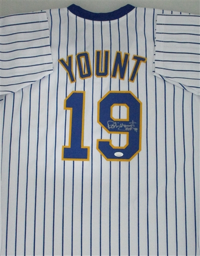 ROBIN YOUNT SIGNED CUSTOM REPLICA BREWERS PINSTRIPE JERSEY W/ HOF - JSA