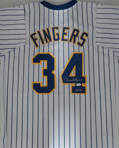 ROLLIE FINGERS SIGNED CUSTOM REPLICA BREWERS PINSTRIPE JERSEY W/ HOF '92 - JSA