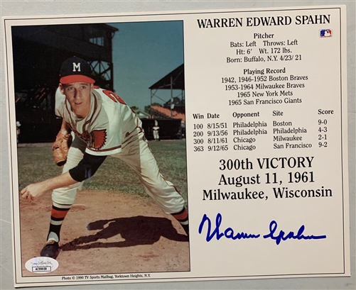 WARREN SPAHN (d) SIGNED 8X10 MILW. BRAVES PHOTO #2 - JSA