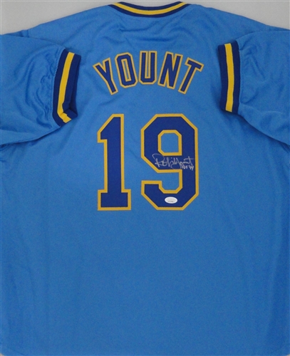 ROBIN YOUNT SIGNED CUSTOM REPLICA BREWERS BLUE JERSEY W/ HOF - JSA