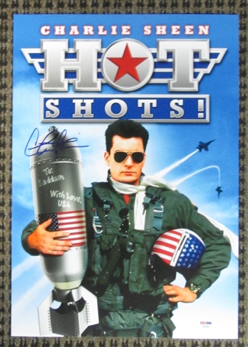 CHARLIE SHEEN SIGNED HOT SHOTS 11x17 MOVIE POSTER - PSA