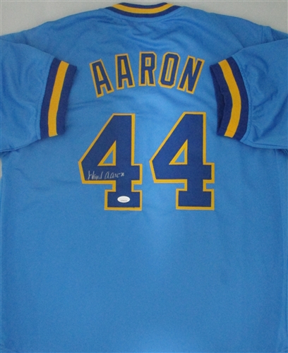 HANK AARON SIGNED CUSTOM REPLICA MILWAUKEE BREWERS JERSEY - JSA