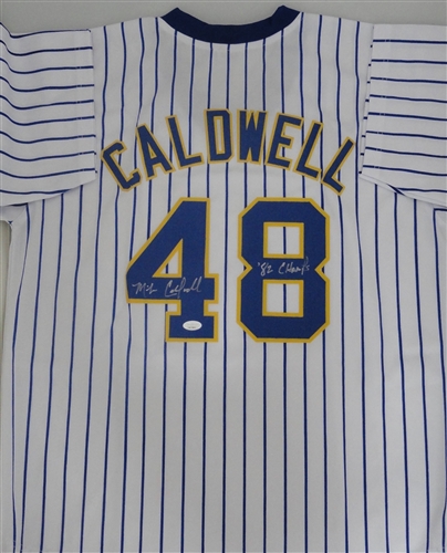 MIKE CALDWELL SIGNED CUSTOM REPLICA BREWERS PINSTRIPE JERSEY W/ 82 CHAMPS - JSA