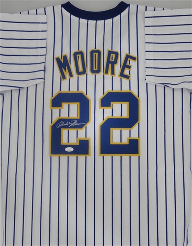 CHARLIE MOORE SIGNED CUSTOM REPLICA BREWERS PINSTRIPE JERSEY - JSA