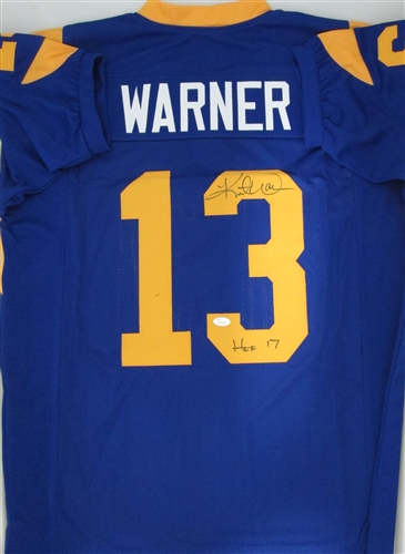 KURT WARNER SIGNED CUSTOM RAMS JERSEY W/ HOF 17 - JSA